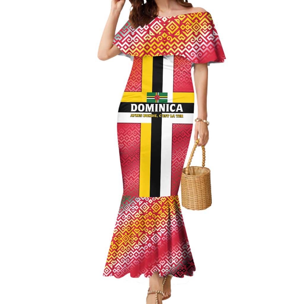 Dominica Flag Mermaid Dress Red Yellow and Black with Coat of Arms and National Motto Design - Wonder Print Shop