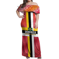 Dominica Flag Off Shoulder Maxi Dress Red Yellow and Black with Coat of Arms and National Motto Design - Wonder Print Shop