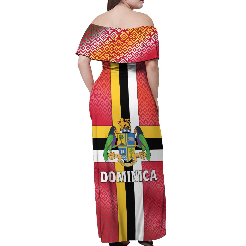 Dominica Flag Off Shoulder Maxi Dress Red Yellow and Black with Coat of Arms and National Motto Design - Wonder Print Shop