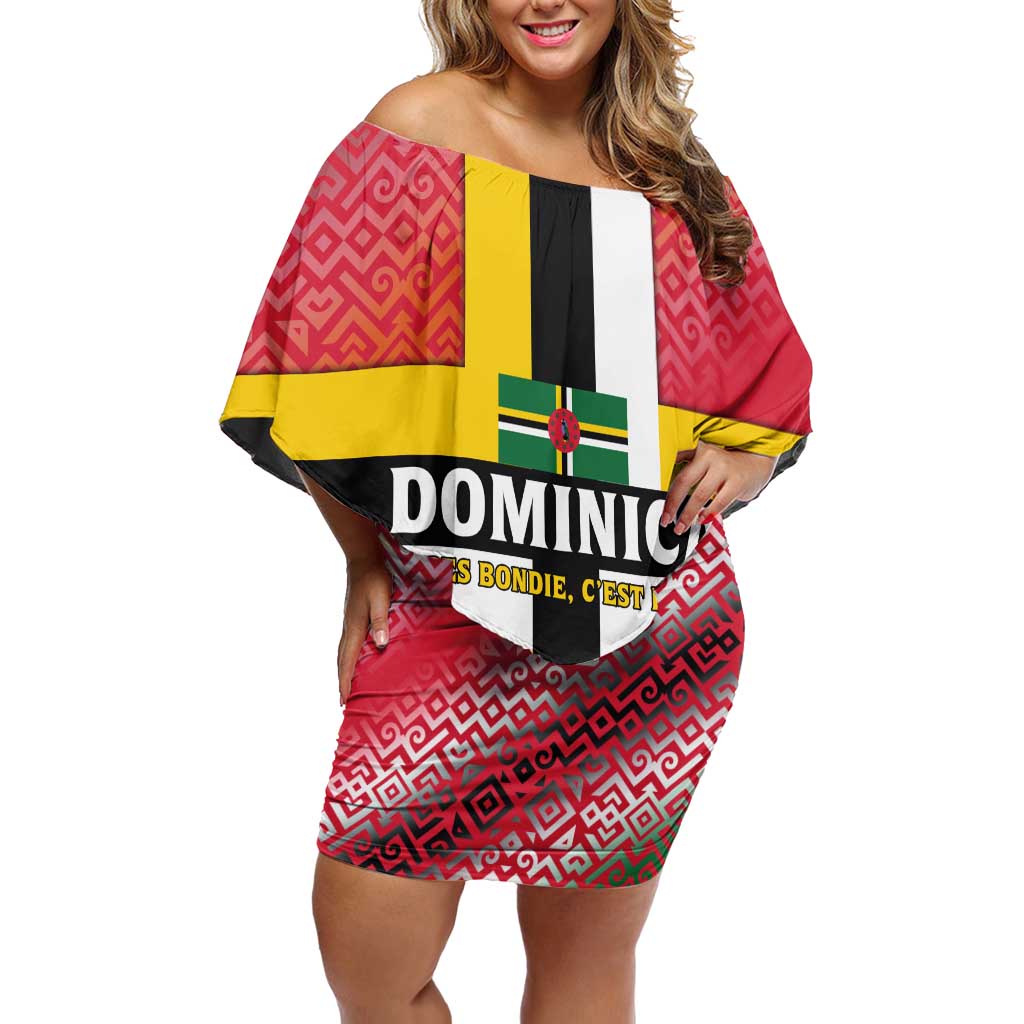 Dominica Flag Off Shoulder Short Dress Red Yellow and Black with Coat of Arms and National Motto Design - Wonder Print Shop