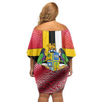 Dominica Flag Off Shoulder Short Dress Red Yellow and Black with Coat of Arms and National Motto Design - Wonder Print Shop