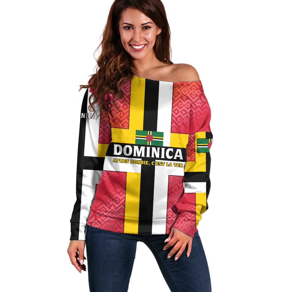Dominica Flag Off Shoulder Sweater Red Yellow and Black with Coat of Arms and National Motto Design - Wonder Print Shop
