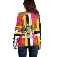 Dominica Flag Off Shoulder Sweater Red Yellow and Black with Coat of Arms and National Motto Design - Wonder Print Shop