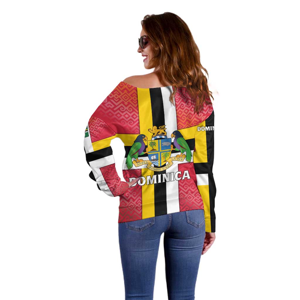 Dominica Flag Off Shoulder Sweater Red Yellow and Black with Coat of Arms and National Motto Design - Wonder Print Shop