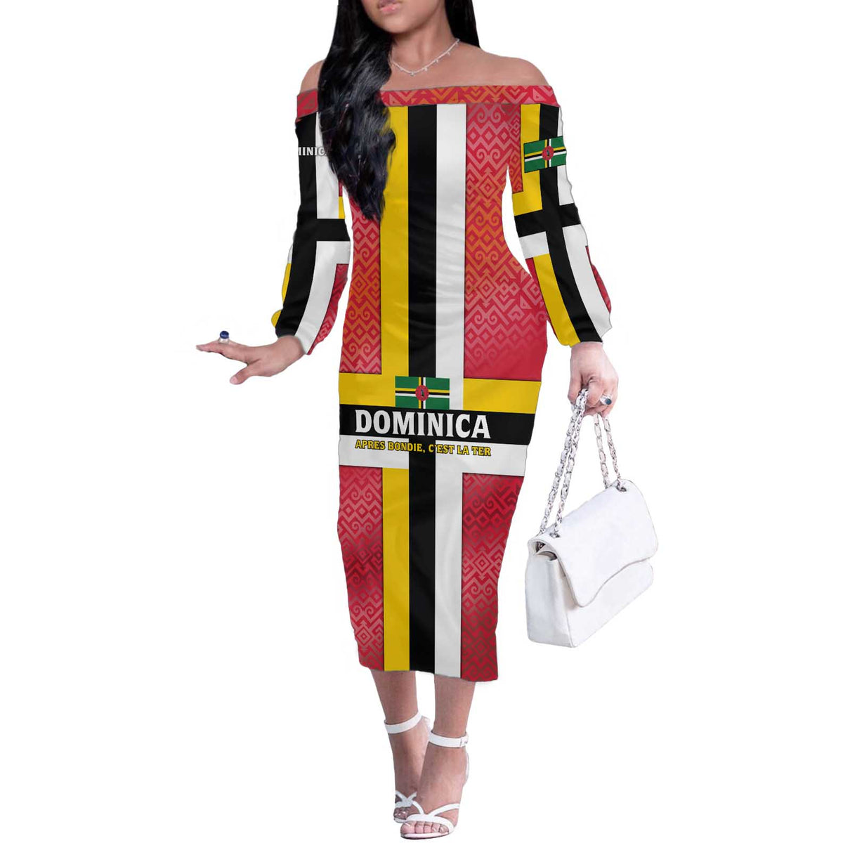 Dominica Flag Off The Shoulder Long Sleeve Dress Red Yellow and Black with Coat of Arms and National Motto Design - Wonder Print Shop