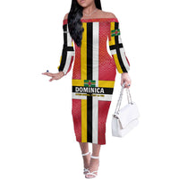 Dominica Flag Off The Shoulder Long Sleeve Dress Red Yellow and Black with Coat of Arms and National Motto Design - Wonder Print Shop