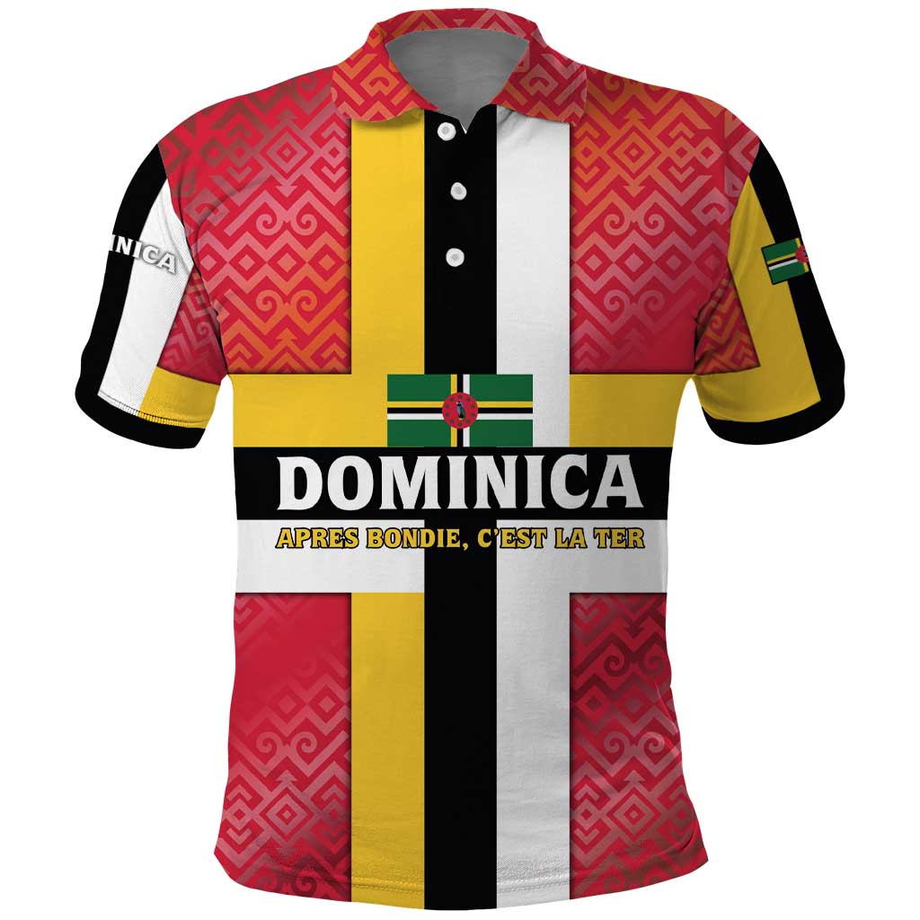 Dominica Flag Polo Shirt Red Yellow and Black with Coat of Arms and National Motto Design - Wonder Print Shop