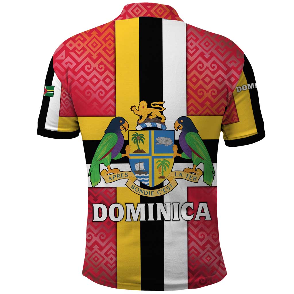 Dominica Flag Polo Shirt Red Yellow and Black with Coat of Arms and National Motto Design - Wonder Print Shop