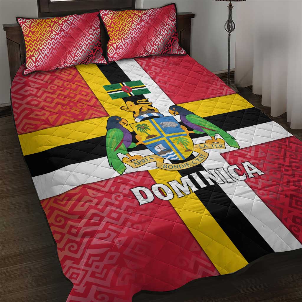 Dominica Flag Quilt Bed Set Red Yellow and Black with Coat of Arms and National Motto Design - Wonder Print Shop