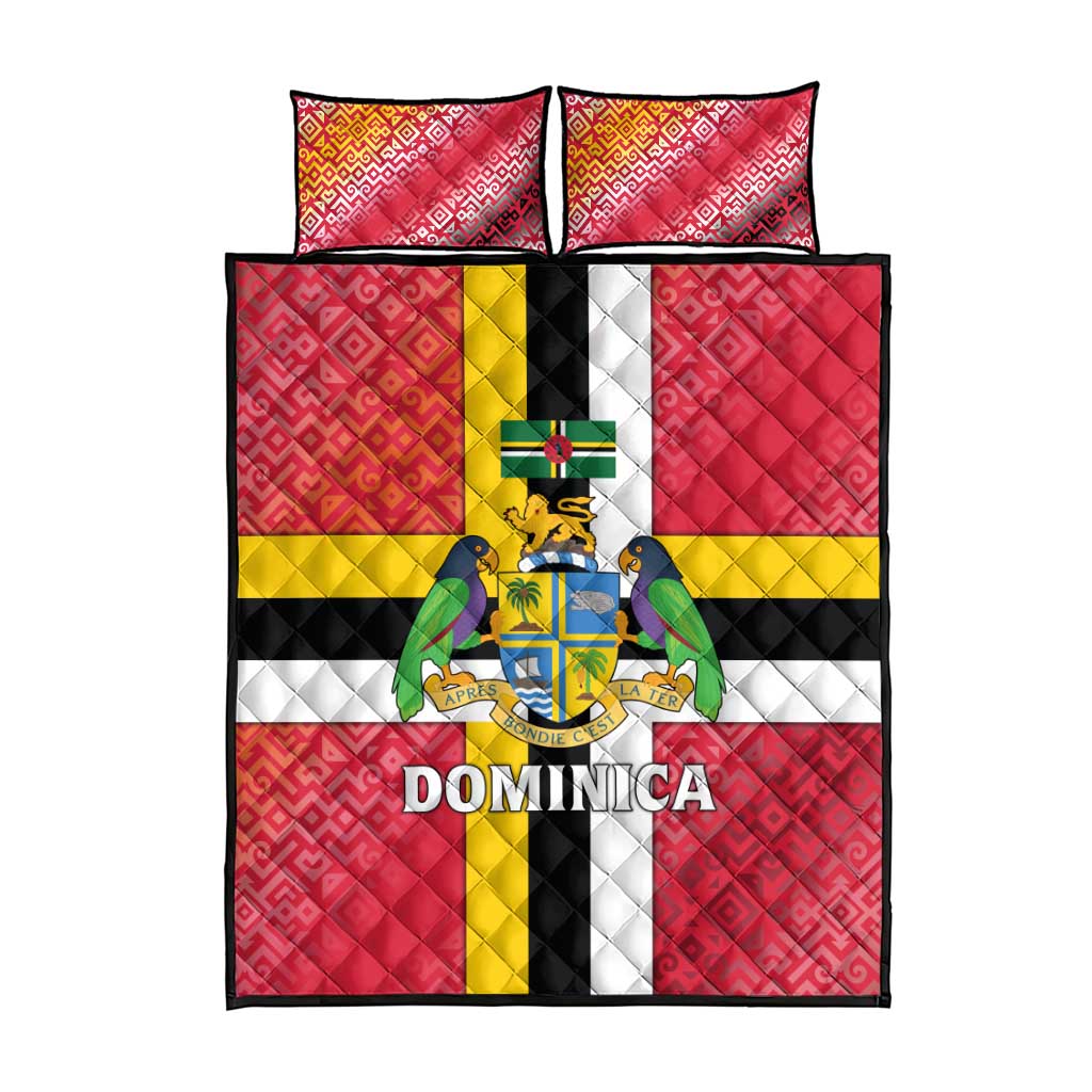 Dominica Flag Quilt Bed Set Red Yellow and Black with Coat of Arms and National Motto Design - Wonder Print Shop