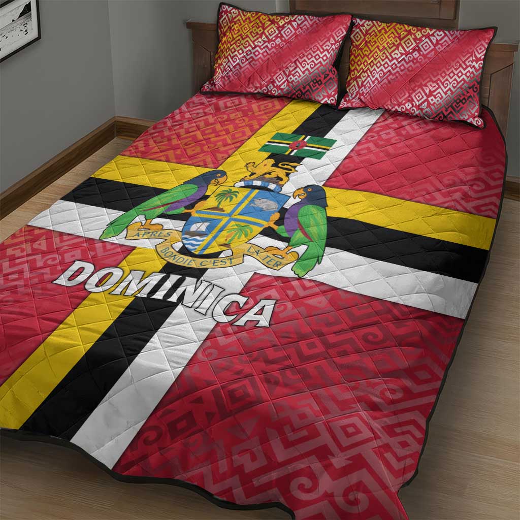 Dominica Flag Quilt Bed Set Red Yellow and Black with Coat of Arms and National Motto Design - Wonder Print Shop