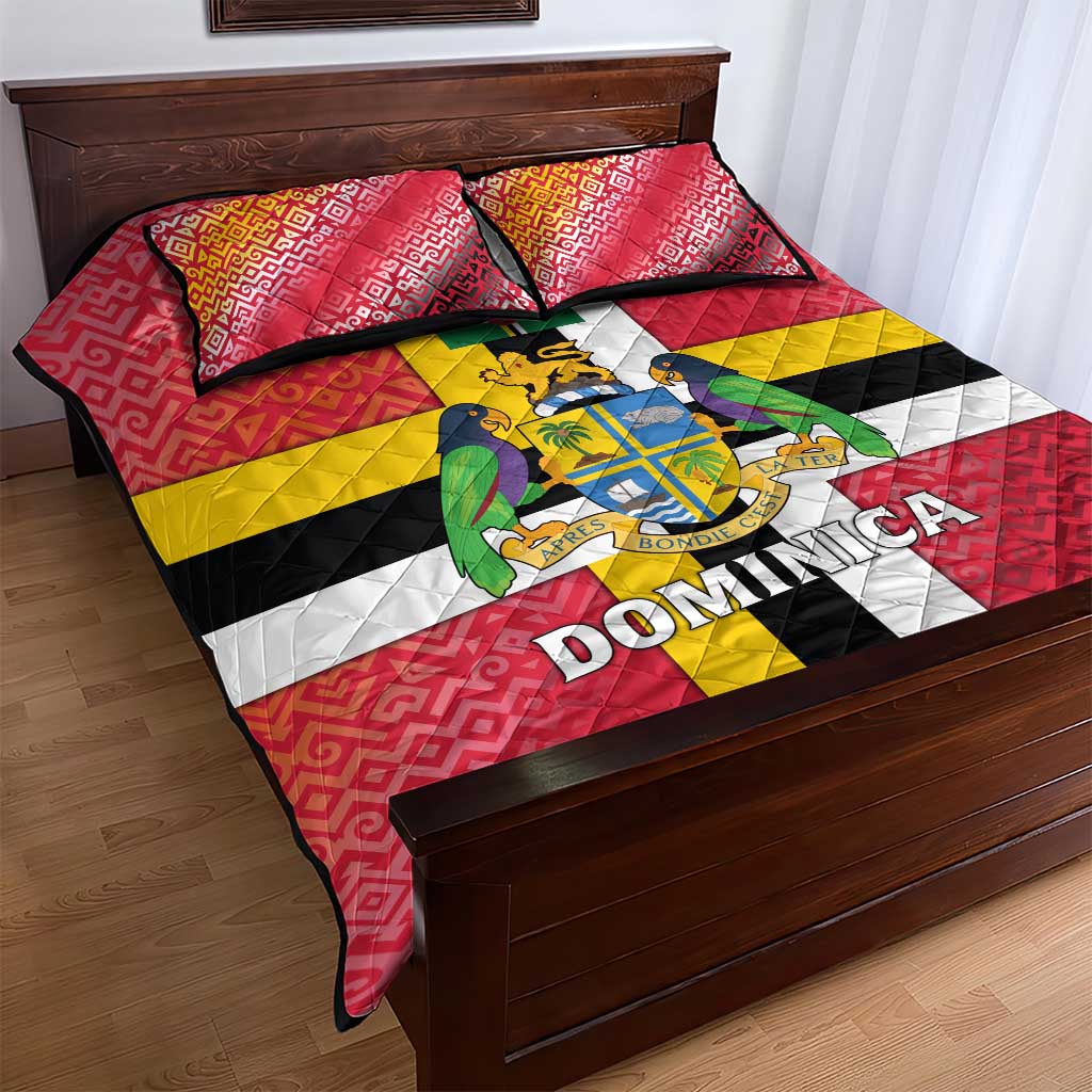 Dominica Flag Quilt Bed Set Red Yellow and Black with Coat of Arms and National Motto Design - Wonder Print Shop