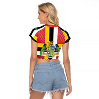 Dominica Flag Raglan Cropped T Shirt Red Yellow and Black with Coat of Arms and National Motto Design - Wonder Print Shop