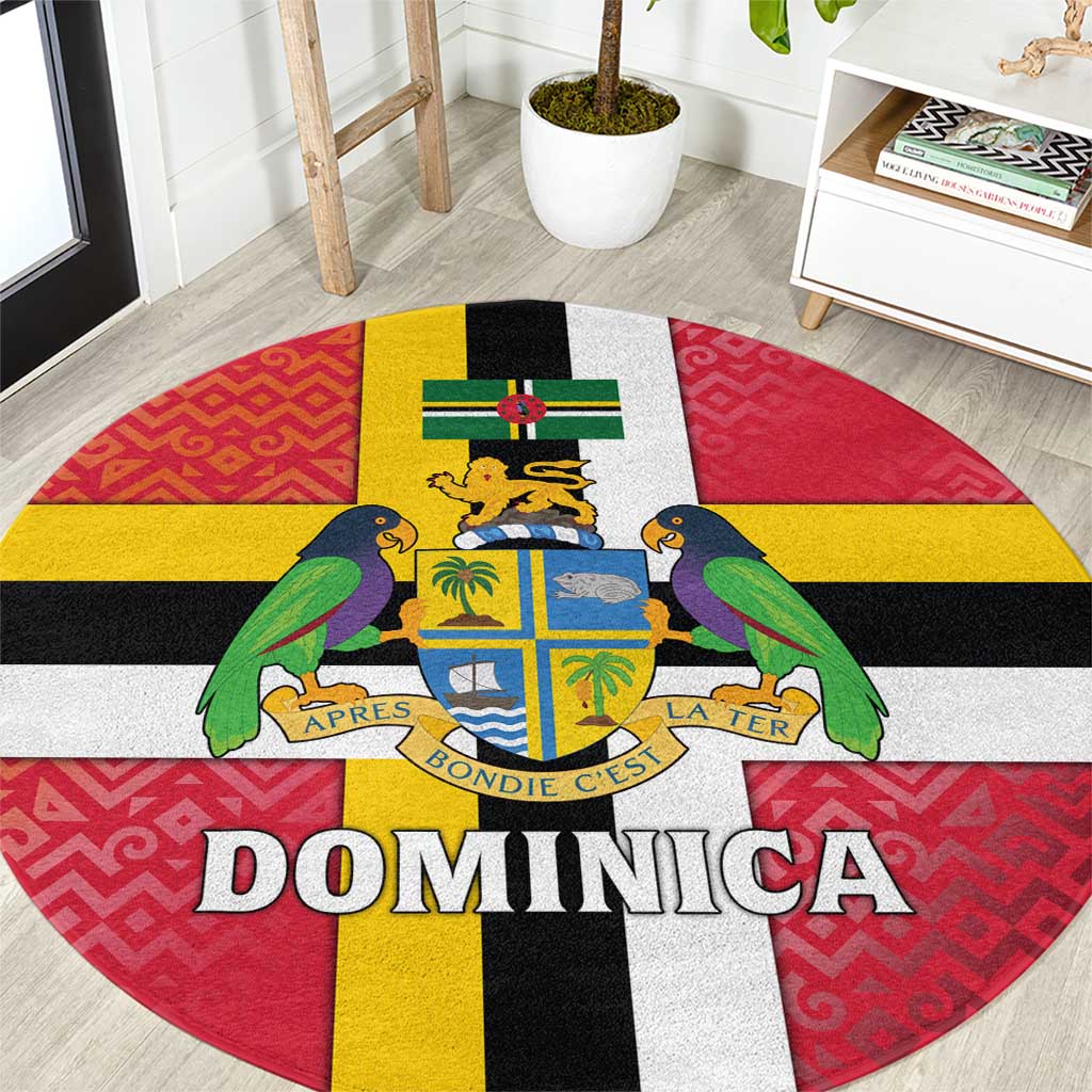 Dominica Flag Round Carpet Red Yellow and Black with Coat of Arms and National Motto Design - Wonder Print Shop
