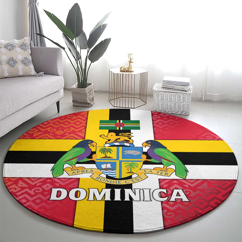 Dominica Flag Round Carpet Red Yellow and Black with Coat of Arms and National Motto Design - Wonder Print Shop