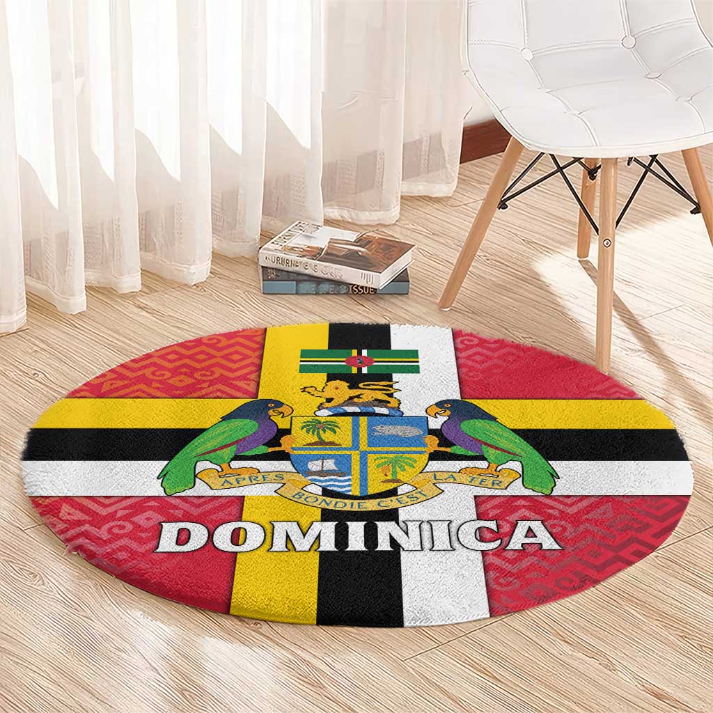Dominica Flag Round Carpet Red Yellow and Black with Coat of Arms and National Motto Design - Wonder Print Shop