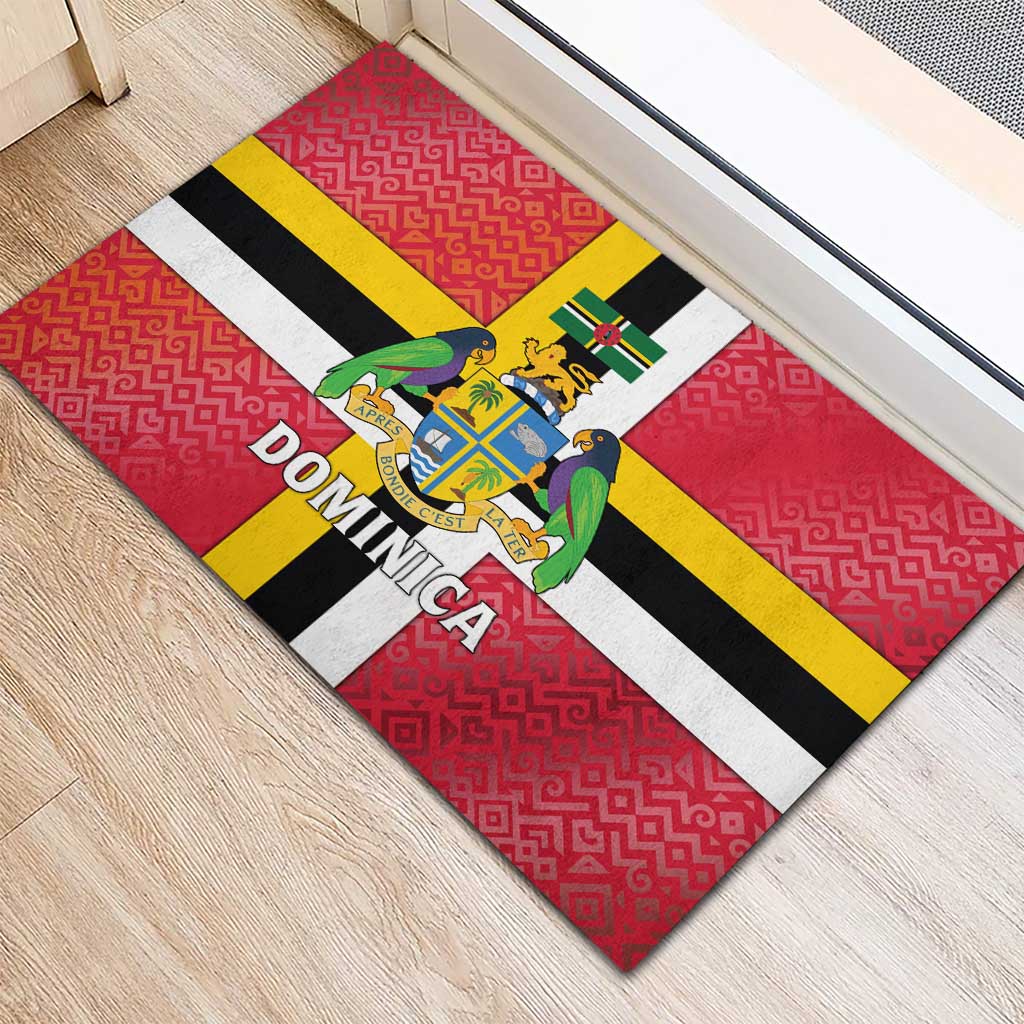 Dominica Flag Rubber Doormat Red Yellow and Black with Coat of Arms and National Motto Design - Wonder Print Shop