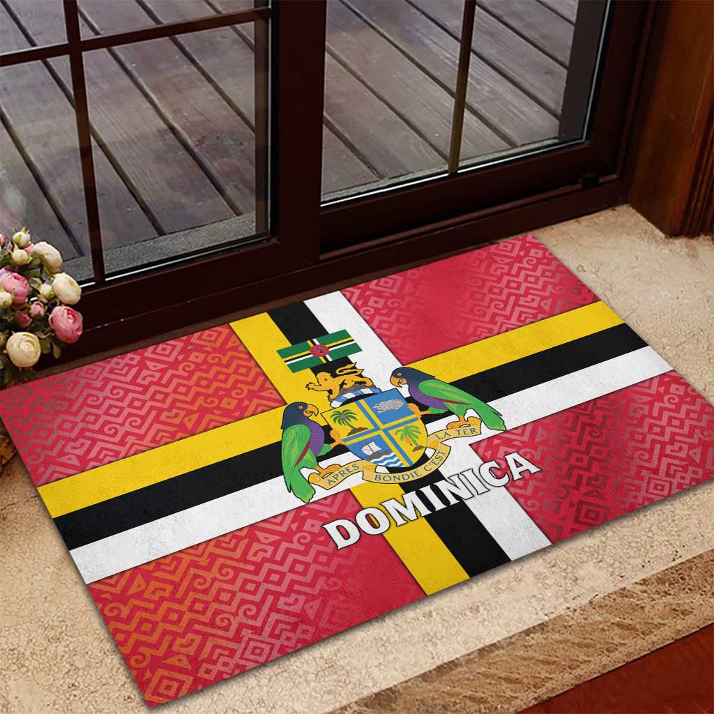 Dominica Flag Rubber Doormat Red Yellow and Black with Coat of Arms and National Motto Design - Wonder Print Shop