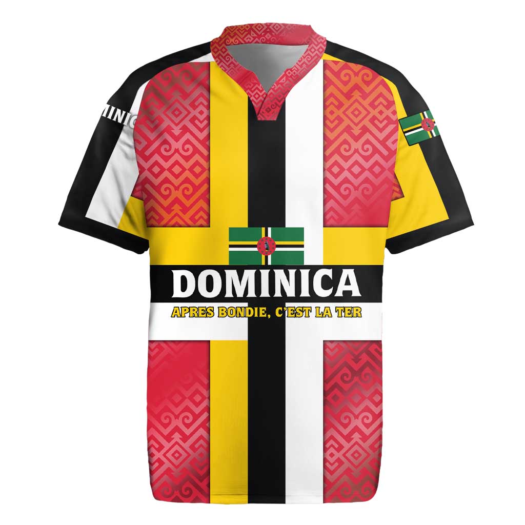 Dominica Flag Rugby Jersey Red Yellow and Black with Coat of Arms and National Motto Design - Wonder Print Shop