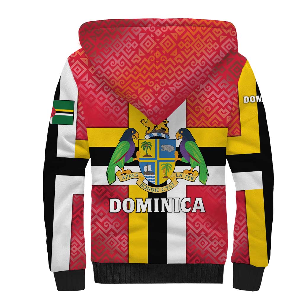 Dominica Flag Sherpa Hoodie Red Yellow and Black with Coat of Arms and National Motto Design - Wonder Print Shop