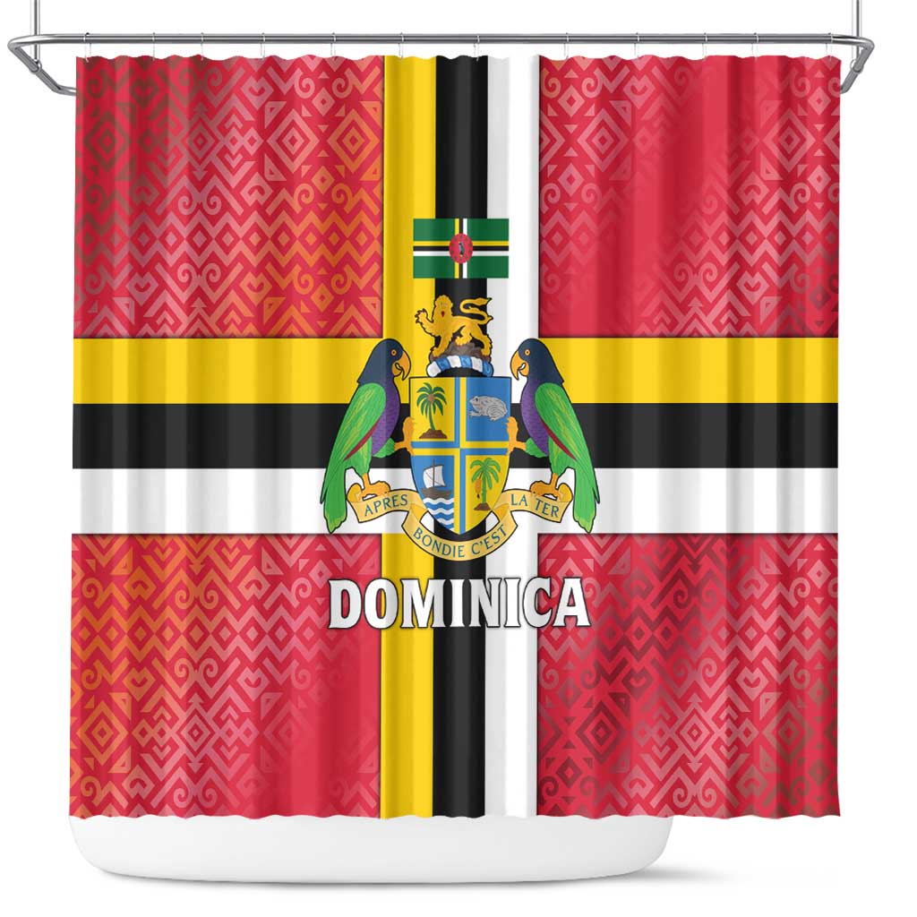 Dominica Flag Shower Curtain Red Yellow and Black with Coat of Arms and National Motto Design - Wonder Print Shop