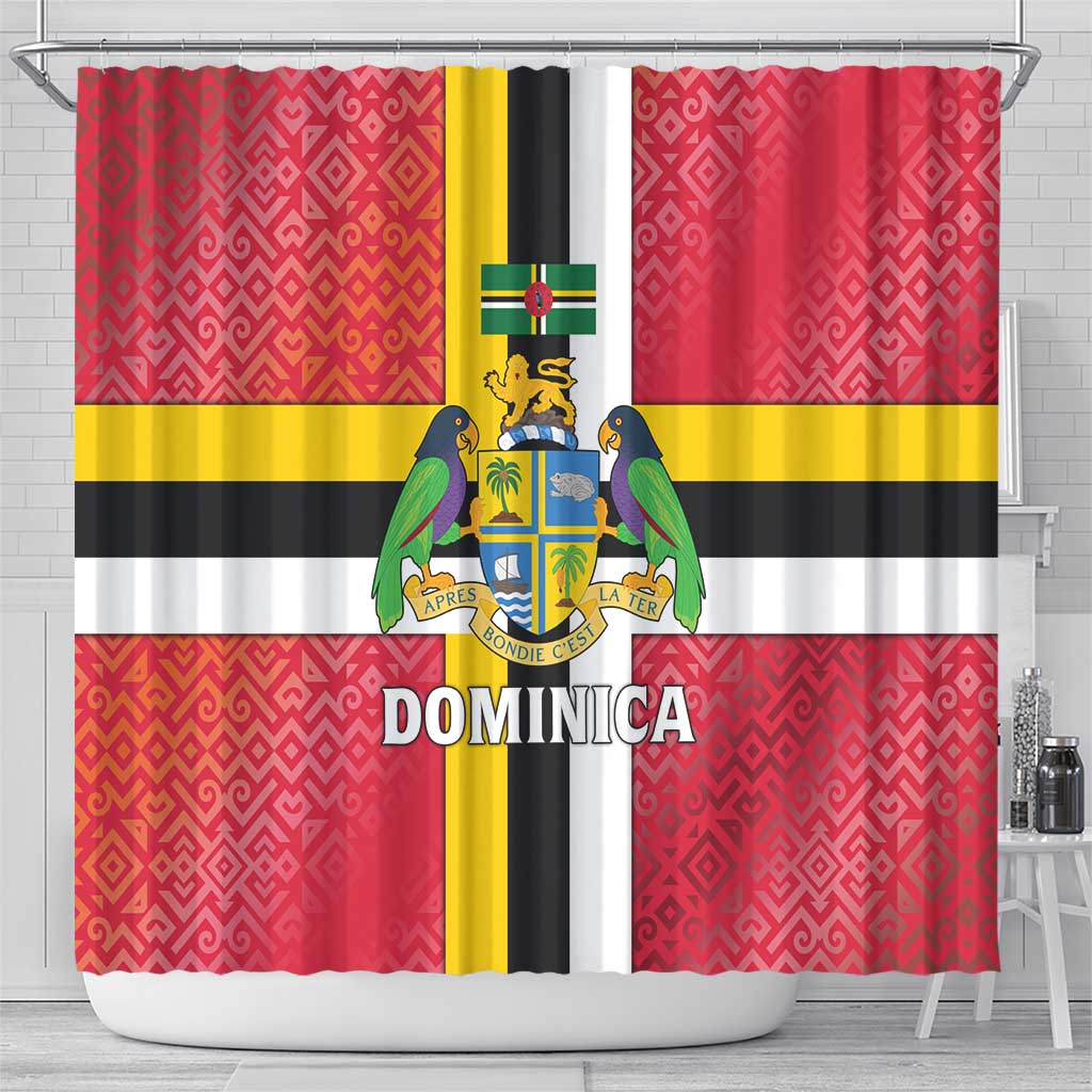 Dominica Flag Shower Curtain Red Yellow and Black with Coat of Arms and National Motto Design - Wonder Print Shop
