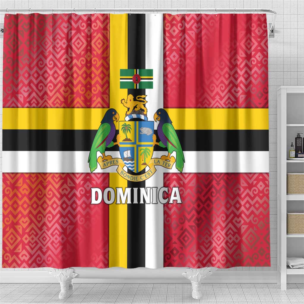 Dominica Flag Shower Curtain Red Yellow and Black with Coat of Arms and National Motto Design - Wonder Print Shop