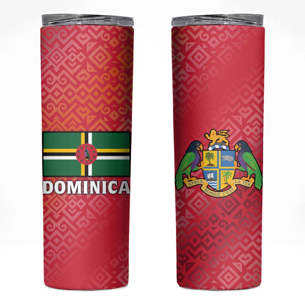 Dominica Flag Skinny Tumbler Red Yellow and Black with Coat of Arms and National Motto Design - Wonder Print Shop