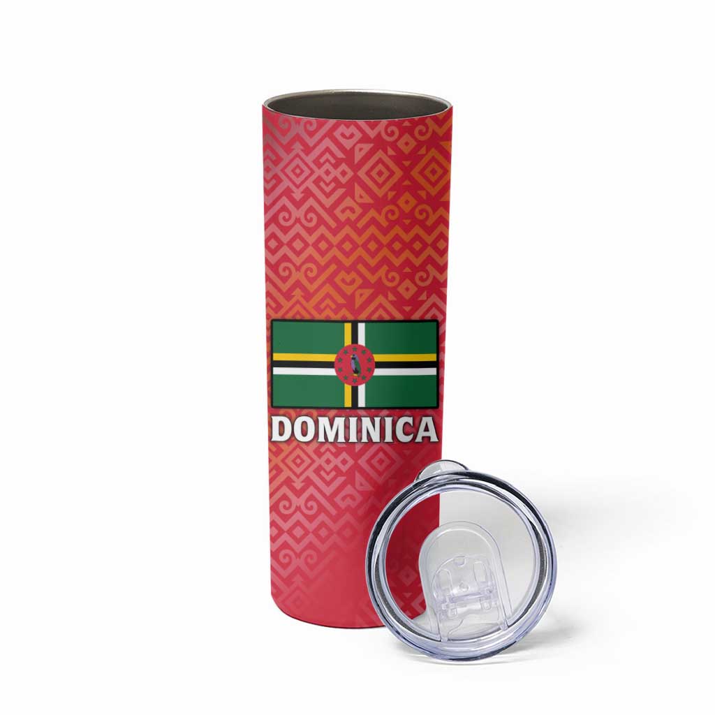 Dominica Flag Skinny Tumbler Red Yellow and Black with Coat of Arms and National Motto Design - Wonder Print Shop