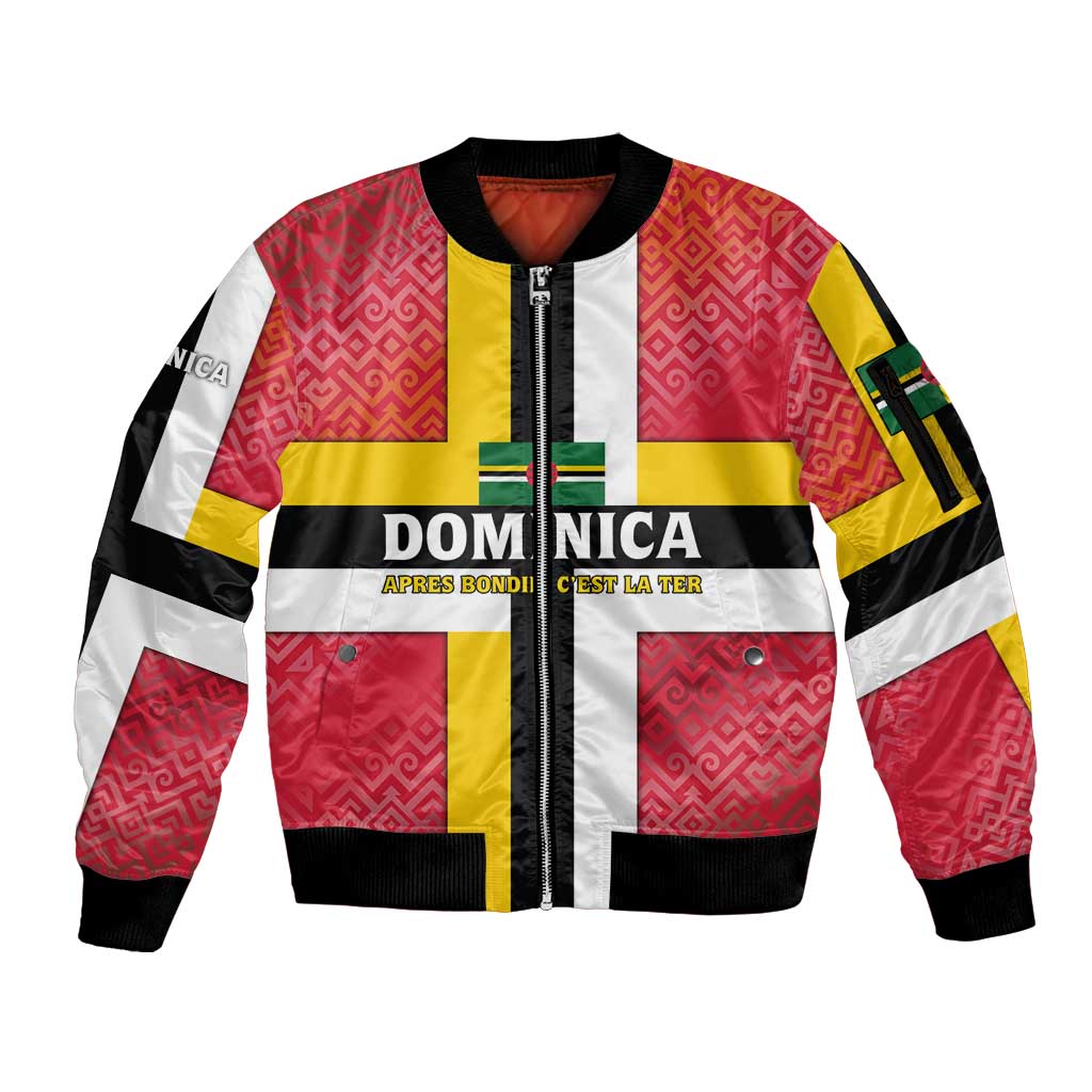 Dominica Flag Sleeve Zip Bomber Jacket Red Yellow and Black with Coat of Arms and National Motto Design - Wonder Print Shop