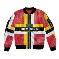 Dominica Flag Sleeve Zip Bomber Jacket Red Yellow and Black with Coat of Arms and National Motto Design - Wonder Print Shop
