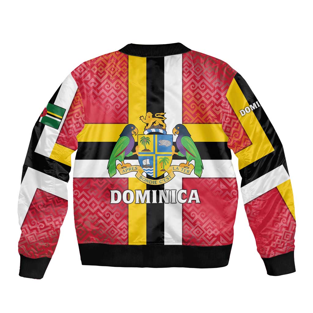 Dominica Flag Sleeve Zip Bomber Jacket Red Yellow and Black with Coat of Arms and National Motto Design - Wonder Print Shop