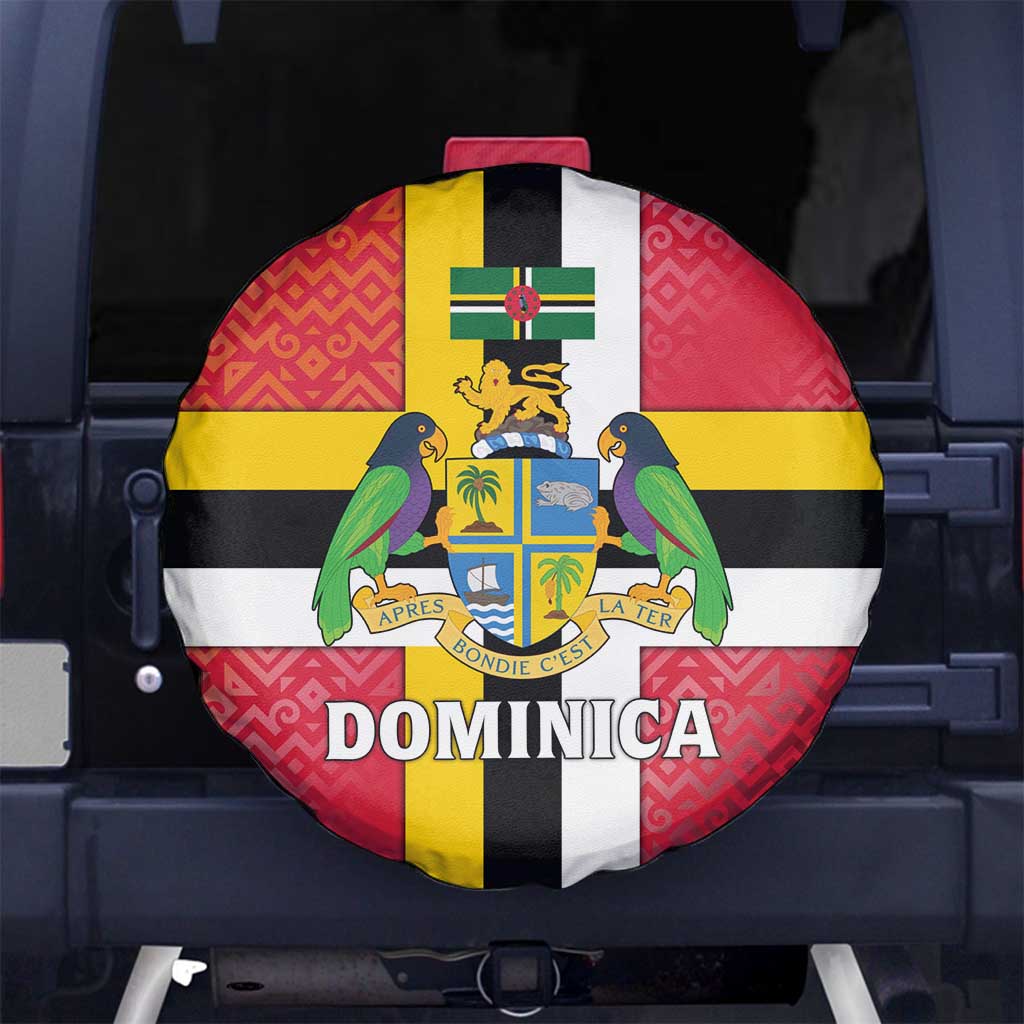 Dominica Flag Spare Tire Cover Red Yellow and Black with Coat of Arms and National Motto Design - Wonder Print Shop