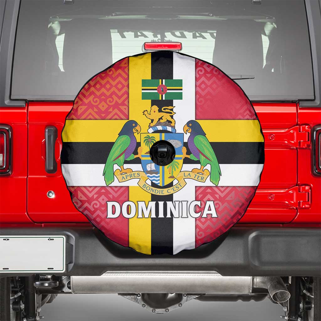 Dominica Flag Spare Tire Cover Red Yellow and Black with Coat of Arms and National Motto Design - Wonder Print Shop