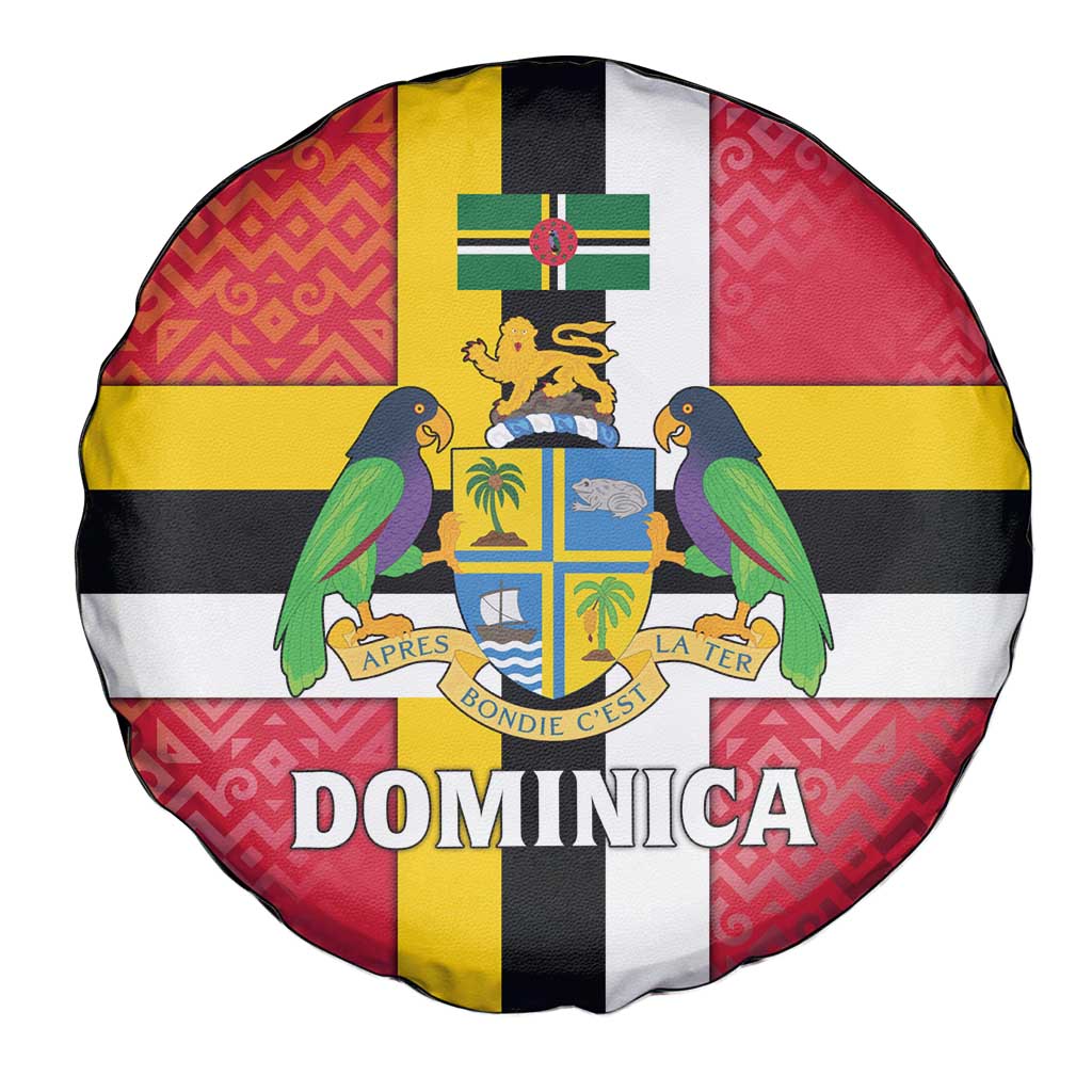 Dominica Flag Spare Tire Cover Red Yellow and Black with Coat of Arms and National Motto Design - Wonder Print Shop