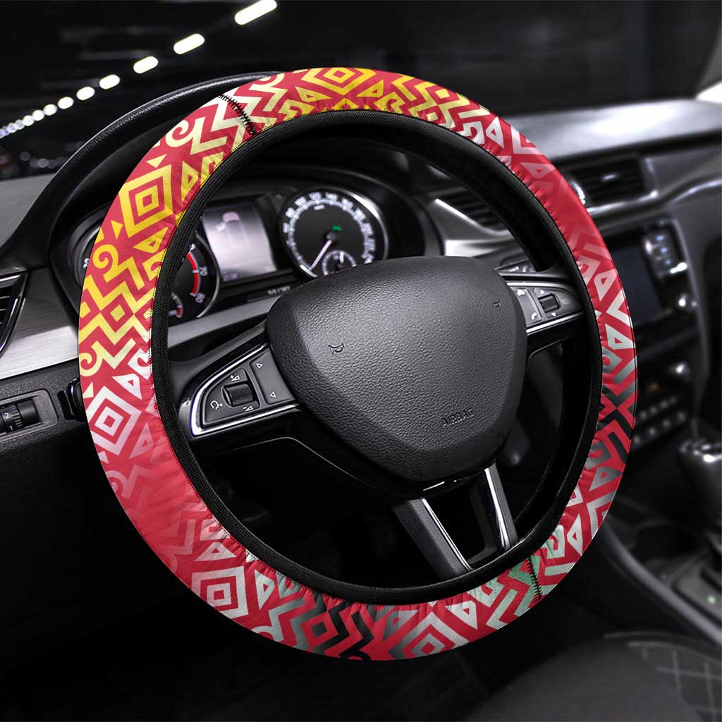 Dominica Flag Steering Wheel Cover Red Yellow and Black with Coat of Arms and National Motto Design - Wonder Print Shop