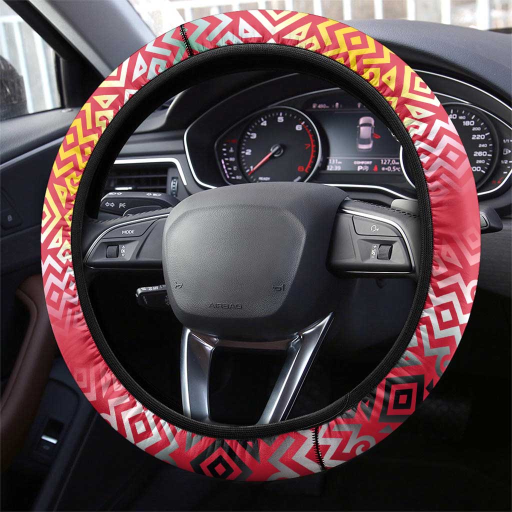 Dominica Flag Steering Wheel Cover Red Yellow and Black with Coat of Arms and National Motto Design - Wonder Print Shop