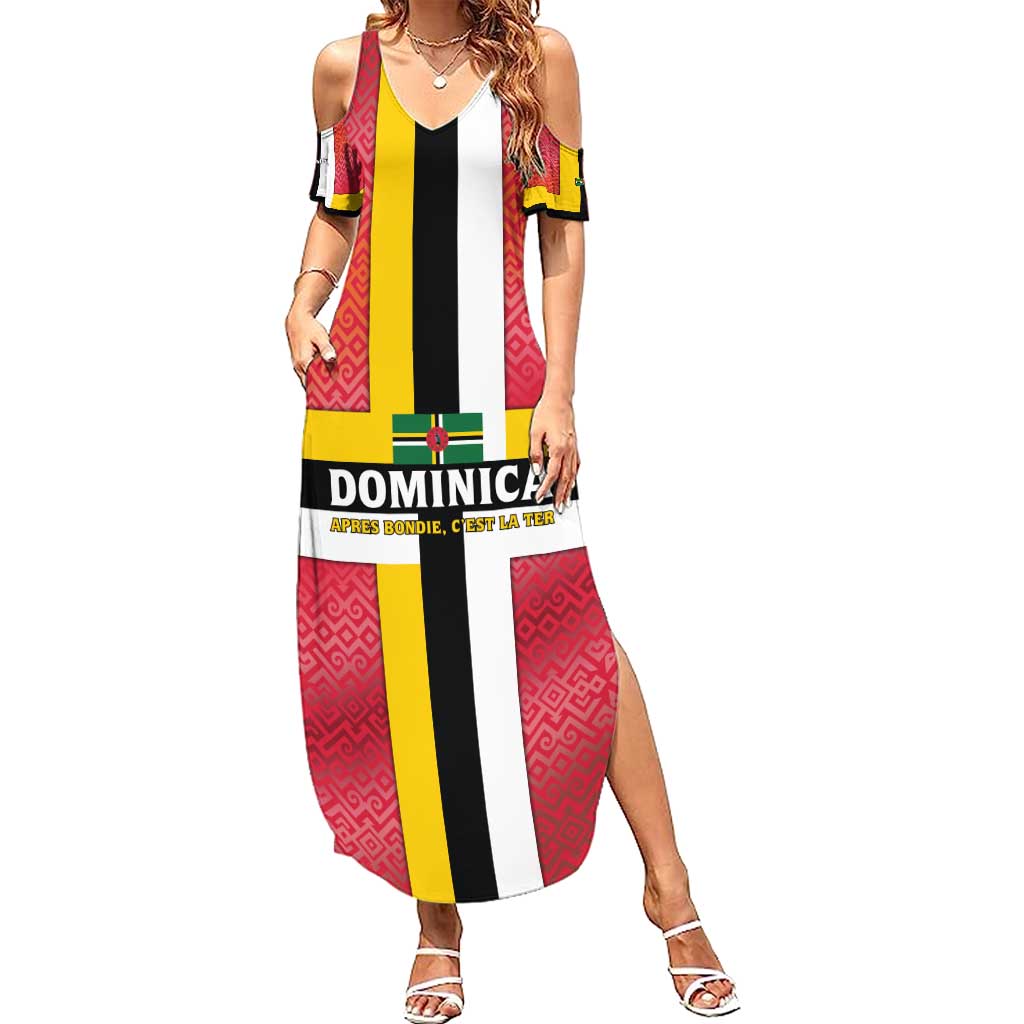Dominica Flag Summer Maxi Dress Red Yellow and Black with Coat of Arms and National Motto Design - Wonder Print Shop