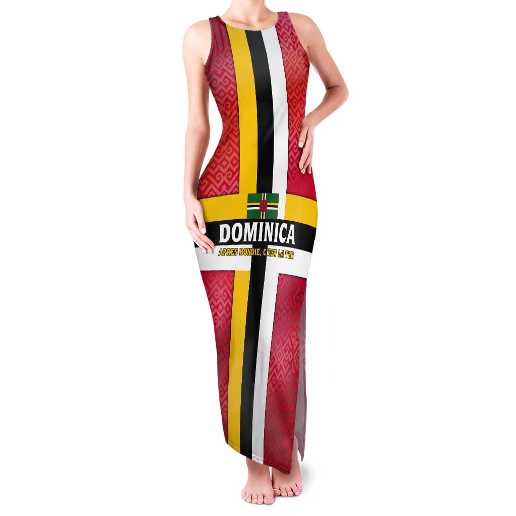 Dominica Flag Tank Maxi Dress Red Yellow and Black with Coat of Arms and National Motto Design - Wonder Print Shop