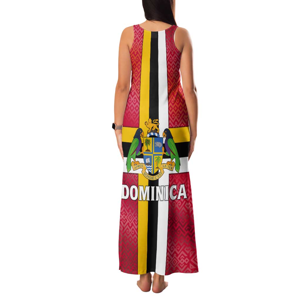 Dominica Flag Tank Maxi Dress Red Yellow and Black with Coat of Arms and National Motto Design - Wonder Print Shop