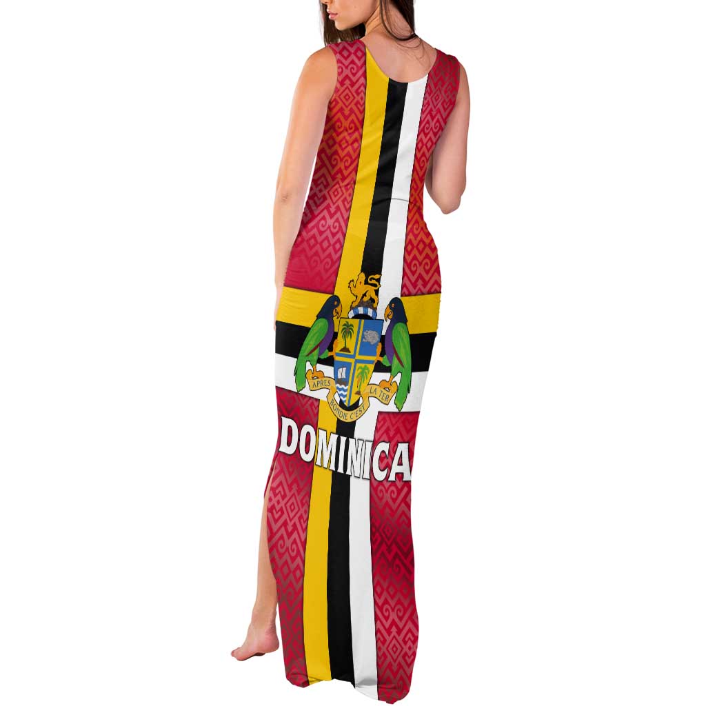 Dominica Flag Tank Maxi Dress Red Yellow and Black with Coat of Arms and National Motto Design - Wonder Print Shop