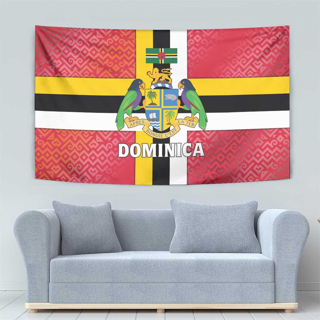 Dominica Flag Tapestry Red Yellow and Black with Coat of Arms and National Motto Design - Wonder Print Shop