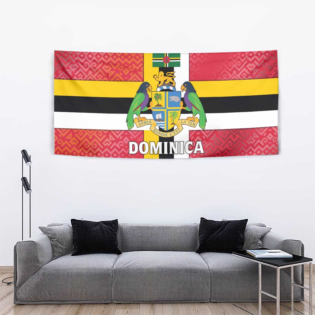 Dominica Flag Tapestry Red Yellow and Black with Coat of Arms and National Motto Design - Wonder Print Shop