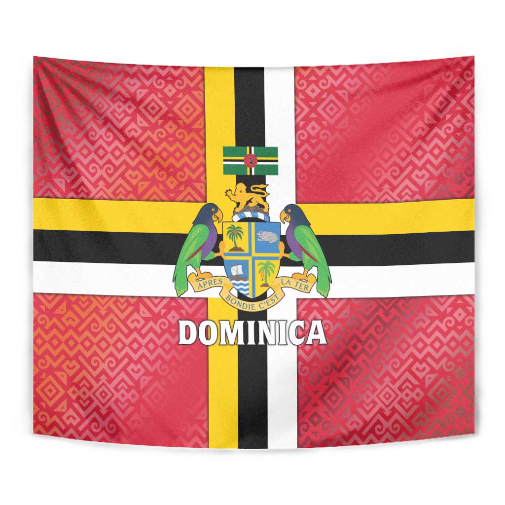 Dominica Flag Tapestry Red Yellow and Black with Coat of Arms and National Motto Design - Wonder Print Shop