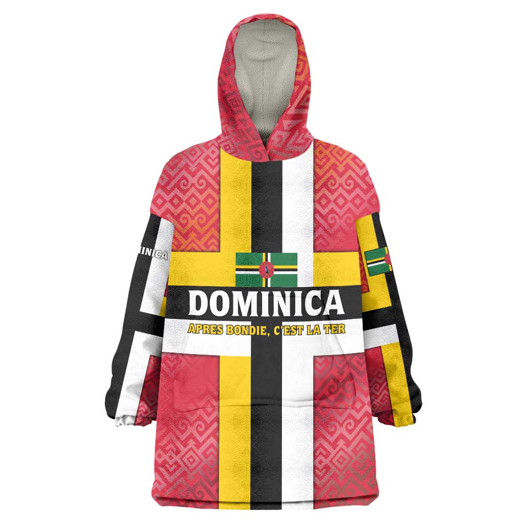 Dominica Flag Wearable Blanket Hoodie Red Yellow and Black with Coat of Arms and National Motto Design - Wonder Print Shop