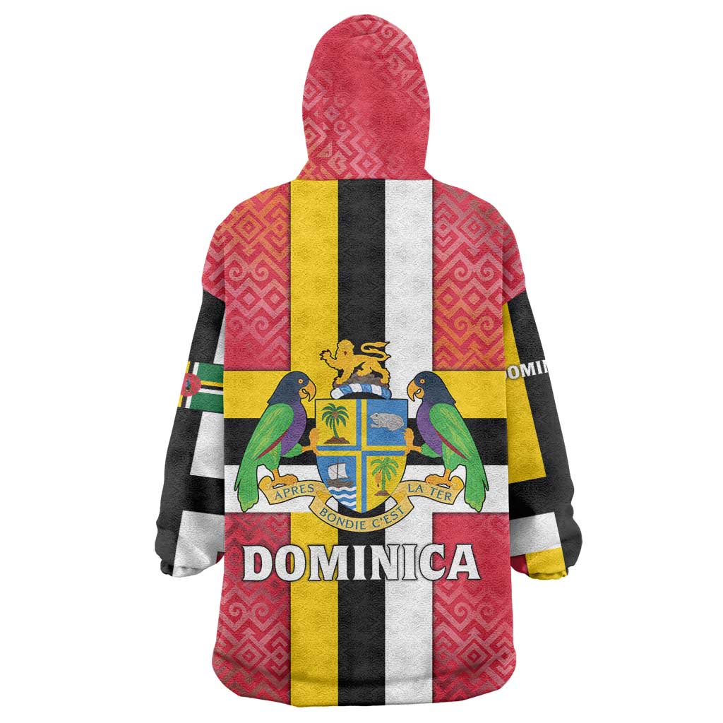 Dominica Flag Wearable Blanket Hoodie Red Yellow and Black with Coat of Arms and National Motto Design - Wonder Print Shop