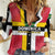 Dominica Flag Women Casual Shirt Red Yellow and Black with Coat of Arms and National Motto Design - Wonder Print Shop