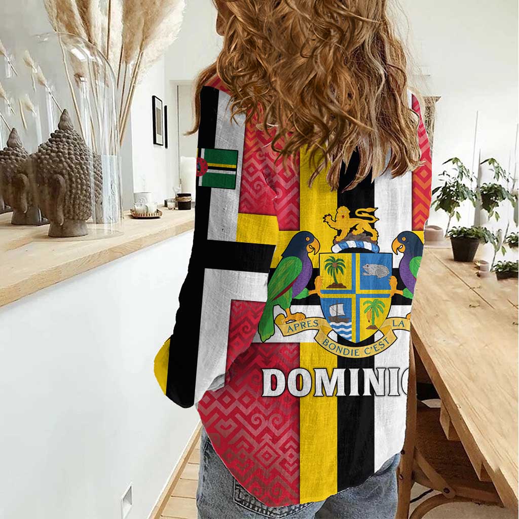 Dominica Flag Women Casual Shirt Red Yellow and Black with Coat of Arms and National Motto Design - Wonder Print Shop