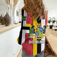 Dominica Flag Women Casual Shirt Red Yellow and Black with Coat of Arms and National Motto Design - Wonder Print Shop
