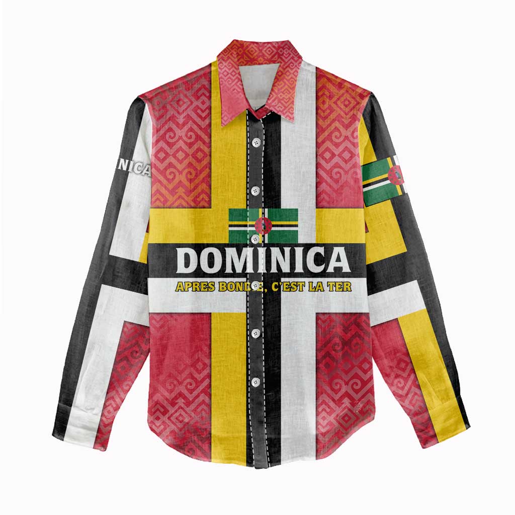 Dominica Flag Women Casual Shirt Red Yellow and Black with Coat of Arms and National Motto Design - Wonder Print Shop